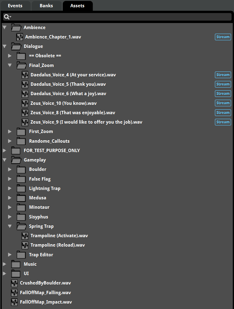 Spreadsheet showing organized audio asset list with sound descriptions and implementation notes